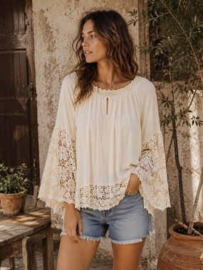 Colleen Lopez Ivory Boho Lace Blouse Crochet Trim Bell Sleeve Peasant Size S